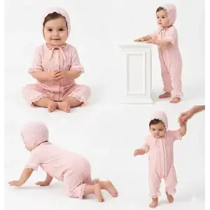 3/12 Ay Şapkalı Dantelli Jakar Kumaş Bebek Tulumu