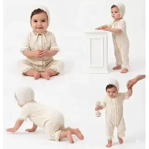 3/12 Ay Şapkalı Dantelli Jakar Kumaş Bebek Tulumu