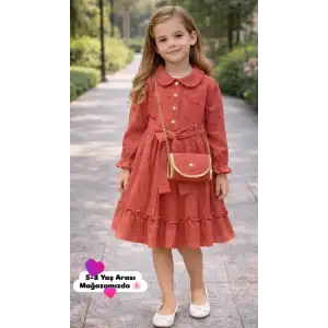 5/9 Yaş Müslin Kumaş Çantalı Çocuk Elbisesi