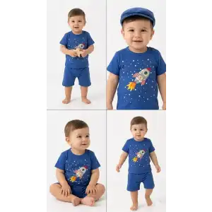 6/24 Ay Roket Baskılı 2li Bebek Takımı
