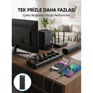AsilTech 10 Prizli USB Destekli Çoklu Priz Type-C Şarj Girişli Güvenli Güç Ünitesi