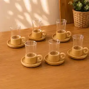 AsilTech 12 Parça Çay Seti - Bambu Bardak Altığı - Çift Cidarlı Cam - 150 ml