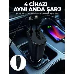 AsilTech 120W Hızlı Şarj Destekli 4ü 1 Arada Araç Şarj Cihazı Type-C, Lightning, USB ve USB-C Çıkışlı