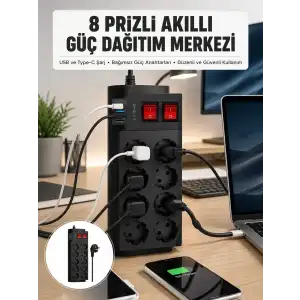 AsilTech 2 Metre Güçlü Çoklu Priz 8 Soket Yeni Nesil