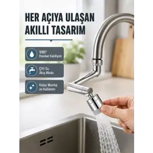 AsilTech 2 Modlu 1080° Dönebilen Musluk Başlığı Esnek 3 Eklemli Hareketli Tasarım