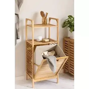 AsilTech 2 Organizer Raflı Ahşap Bambu Çek-Aç Kirli Sepeti