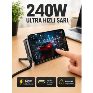 AsilTech 240W Type-C Telefon Standlı Örgülü Şarj ve Data Kablosu