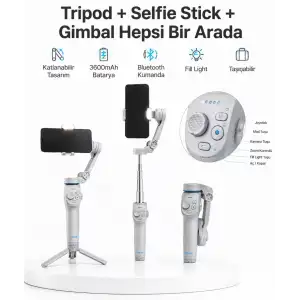 AsilTech 3 Eksen Telefon Gimbal Stabilizer Yapay Zeka Takipli Katlanabilir Dahili Dolgu Işıklı Video Sabitleyici
