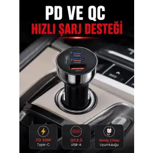 AsilTech 3 Portlu Araç İçi Şarj Adaptörü Çift PD Type-C ve QC3.0 USB Çıkışlı