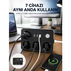 AsilTech 3 USB Çıkışlı 4’lü Akıllı Priz 2500W 2 Metre Kablo