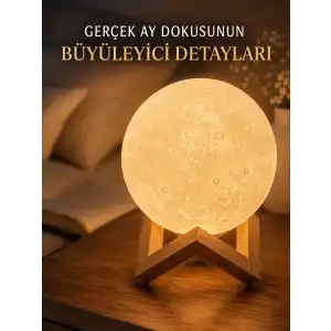 AsilTech 3D Ay Gece Lambası Ahşap Standlı Dekoratif LED Masa Lambası