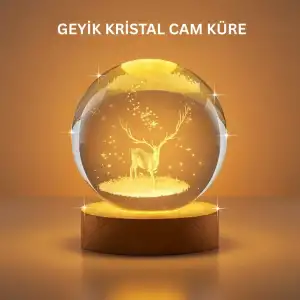 AsilTech 3D Geyik Desenli Kristal Küre USB Işıklı Ahşap Tabanlı Oda Lambası