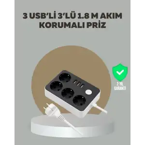 AsilTech 4 Prizli 3 USB Portlu Anahtarlı Akım Korumalı Priz
