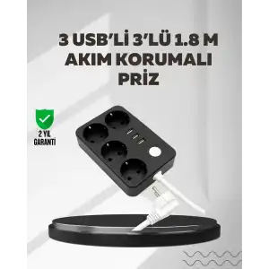 AsilTech 4.1A Hızlı Şarjlı Akım Korumalı 4 Priz ve 3 USB Çıkışlı Priz