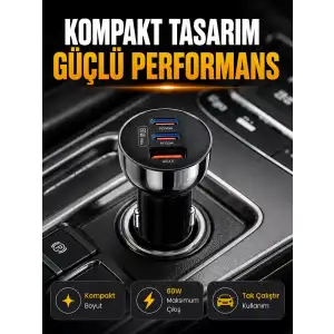 AsilTech 60W Araç İçi Hızlı Şarj Adaptörü Çift USB-C PD ve USB-A QC3.0