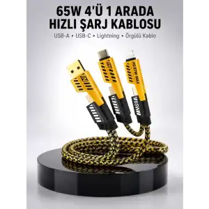 AsilTech 65W 4ü 1 Arada Çoklu Şarj Kablosu – USB-C, USB-A, Lightning, Veri ve Şarj Desteği Yeni Nesil