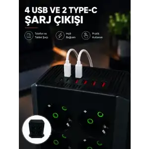 AsilTech 8li Dikey Çoklu Priz 4 USB 2 Type-C Akım Korumalı Anahtarlı Priz