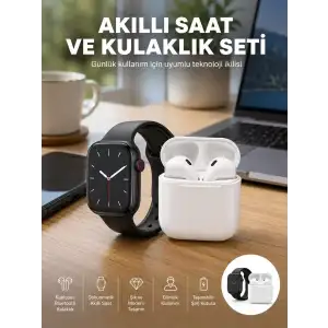 AsilTech Akıllı Saat Gümüş Kasa Bluetooth Kulaklık Hediyeli Çok Fonksiyonlu İkili Set