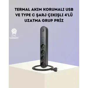 AsilTech Akım Korumalı Çoklu Priz 4’lü 2 USB 1 Type-C 2500W Güçlü Tasarım