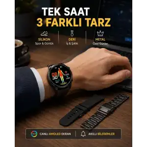 AsilTech AMOLED Ekranlı Akıllı Saat – 3 Kordon Seçenekli, Suya Dayanıklı, Kalp Atış ve Uyku Takip Özellikli