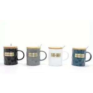 AsilTech Bambu Kapaklı Porselen Kupa Bardak