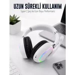 AsilTech Beyaz Bluetooth 5.0 Mikrofonlu Kablosuz Kulak Üstü Kulaklık RGB Işıklı Type-C Şarjlı