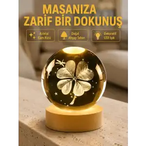 AsilTech Bitki Temalı LED Işıklı Cam Küre Ahşap Standlı Modern Gece Lambası