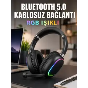 AsilTech Bluetooth 5.0 Kablosuz Kulak Üstü Kulaklık Mikrofonlu RGB Aydınlatmalı