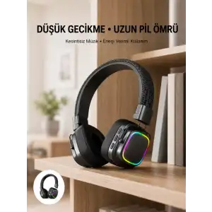 AsilTech Bluetooth 5.3 Rainbow Işıklı Kulak Üstü Kablosuz Kulaklık Yeni Nesil