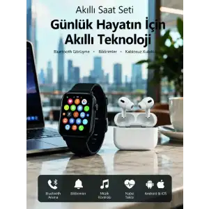 AsilTech Bluetooth Arama Özellikli Akıllı Saat Seti Kablosuz Kulaklık Hediyeli, Android & iOS Uyumlu
