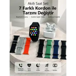 AsilTech Bluetooth Görüşme Destekli Akıllı Saat Seti Kablosuz Kulaklık, 7 Kordon ve Çoklu Spor Modu