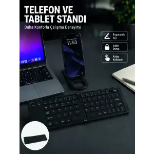 AsilTech Bluetooth Katlanabilir Klavye USB-C Şarjlı 3 Cihaz Bağlantılı Taşınabilir Klavye