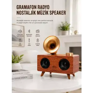 AsilTech Bluetooth Nostalji Speaker Radyo Gramofon Ahşap Renk Vintage Yeni Nesil