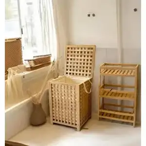 AsilTech Büyük Boy Ahşap Bambu Kirli Sepeti 45x45x62