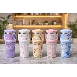 AsilTech Çiçek Desenli 900 ml Taşıma Kulplu Paslanmaz Çelik Termos Mug Bardak