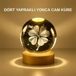 AsilTech Dekoratif Yonca Görünümlü Işıklı Kristal Cam Küre USB Masa Gece Lambası