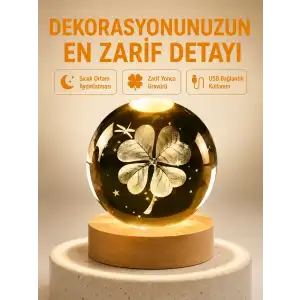 AsilTech Dekoratif Yonca Görünümlü Işıklı Kristal Cam Küre USB Masa Gece Lambası