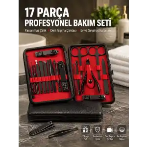 AsilTech Deri Çantalı Siyah Paslanmaz Çelik 17 Parça Manikür Pedikür Seti