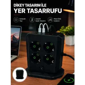 AsilTech Dikey Priz Kulesi 8 AC Priz 4 USB 2 Type-C Çocuk Korumalı Güç Dağıtıcı