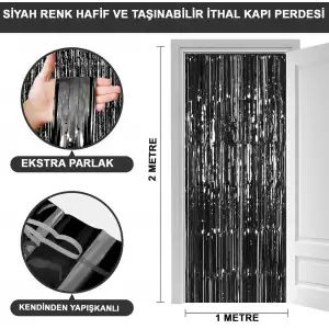 AsilTech Ekstra Metalize Parlak Saçaklı Arka Fon Perde Siyah