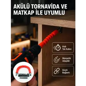 AsilTech Esnek Bits Uç Seti 12 Parça Manyetik Adaptörlü Matkap Tornavida Aksesuarı