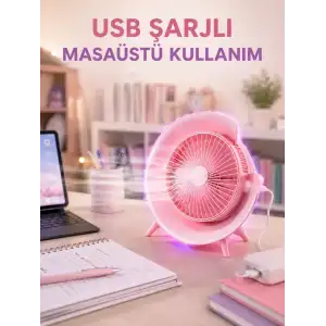 AsilTech Gece Lambası Özellikli Şarjlı Mini Masaüstü Fan