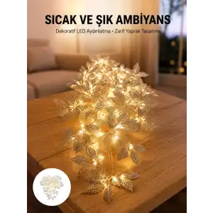 AsilTech Gümüş Yaprak Tasarımlı LED Işık Pilli Ev ve Vitrin Dekoru