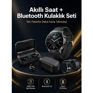 AsilTech Kablosuz Bluetooth Kulaklık ve Kordon Hediyeli Akıllı Saat Nabız Ölçer Uzun Pil Ömrü