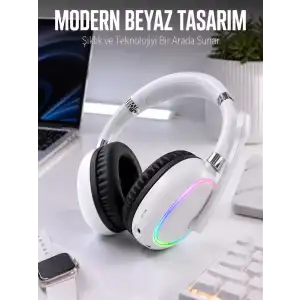 AsilTech Kablosuz Bluetooth Mikrofonlu Beyaz Kulaklık  RGB Işıklı