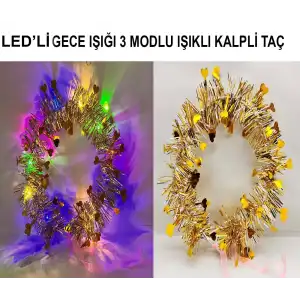 AsilTech Kalp Püsküllü 3 Modlu LED Işıklı Taç Altın Renk