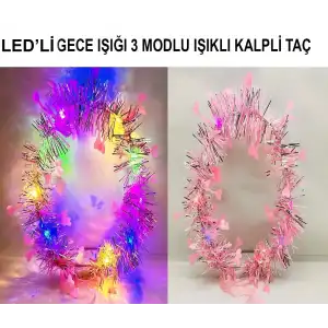 AsilTech Kalp Püsküllü 3 Modlu LED Işıklı Taç Pembe Renk