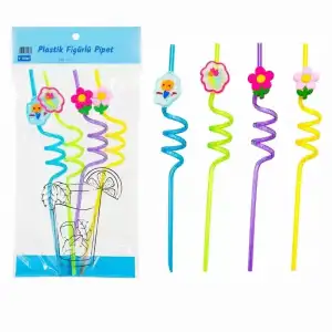 AsilTech Kıvrımlı Renkli Plastik Pipet - Figürlü Tasarım - 4lü Paket