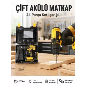AsilTech Matkap Seti 24 Parça Çift Bataryalı Darbeli Led Işıklı Vidalama Yeni Nesil