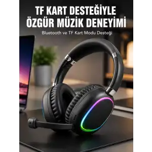 AsilTech Mikrofonlu Bluetooth Kulak Üstü Kulaklık RGB Aydınlatmalı Type-C Şarjlı